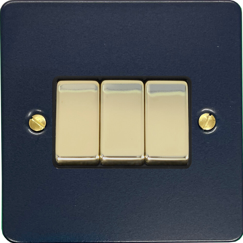 Flat Blue 3 Gang Switch (Polished Brass Switches/Black Inserts)