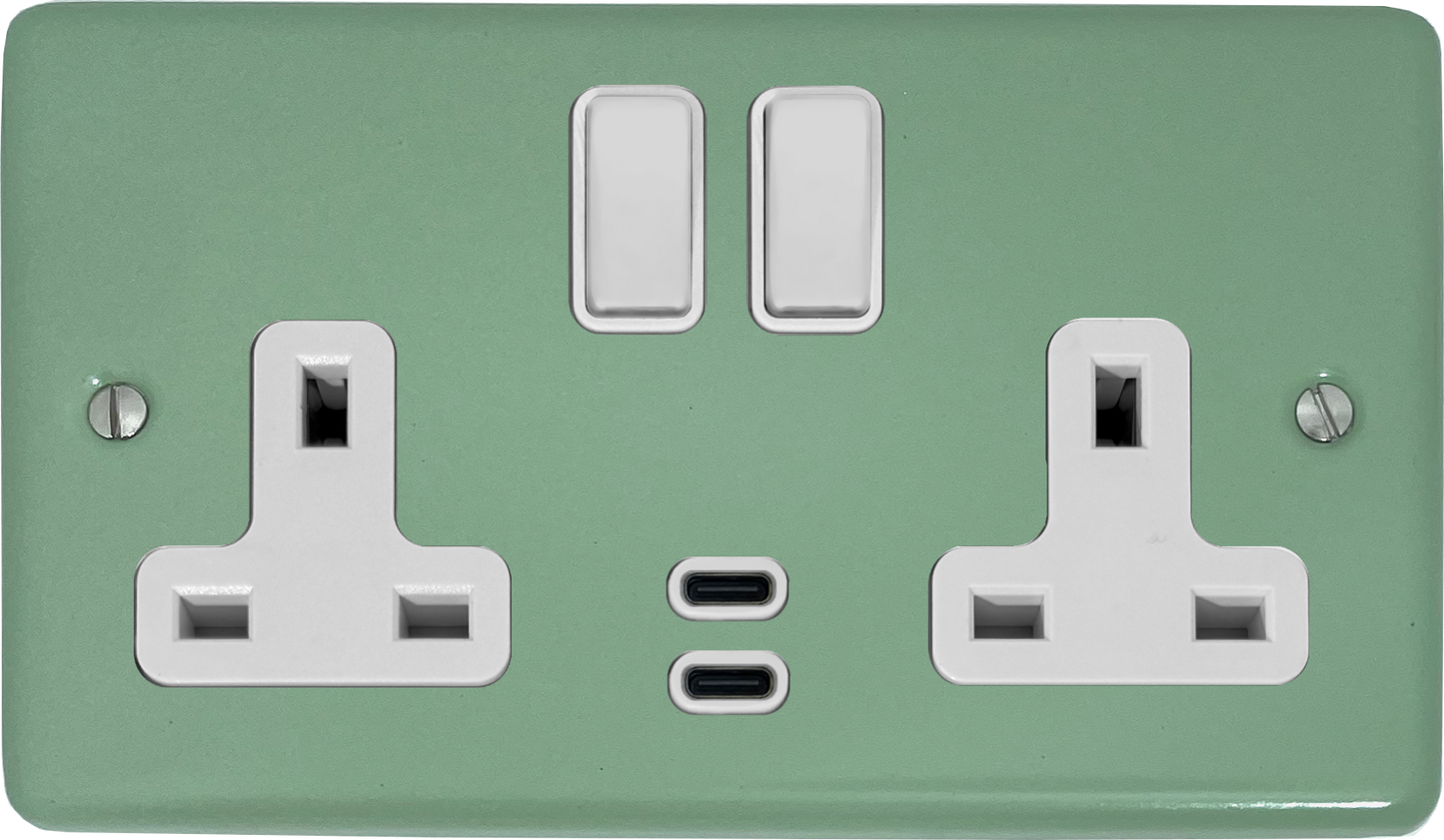 Classic Sage Green 2 Gang Socket with USBC (White Switches)