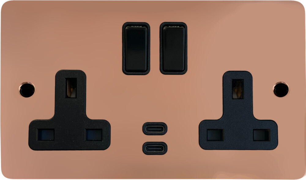 Flat Bright Copper 2 Gang Socket with USBC