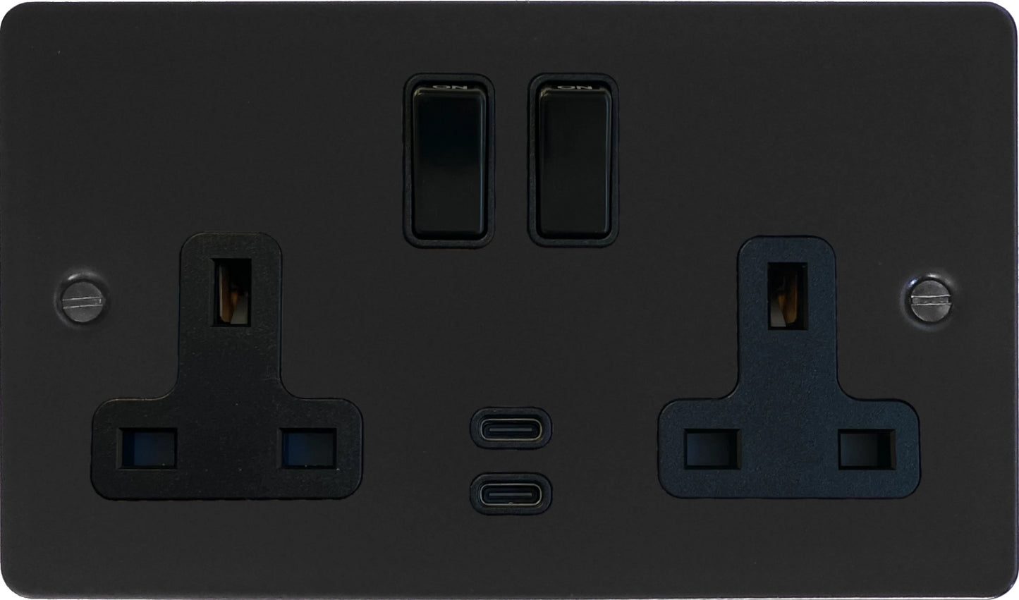 Flat Black 2 Gang Socket with USB C (Black Switches)