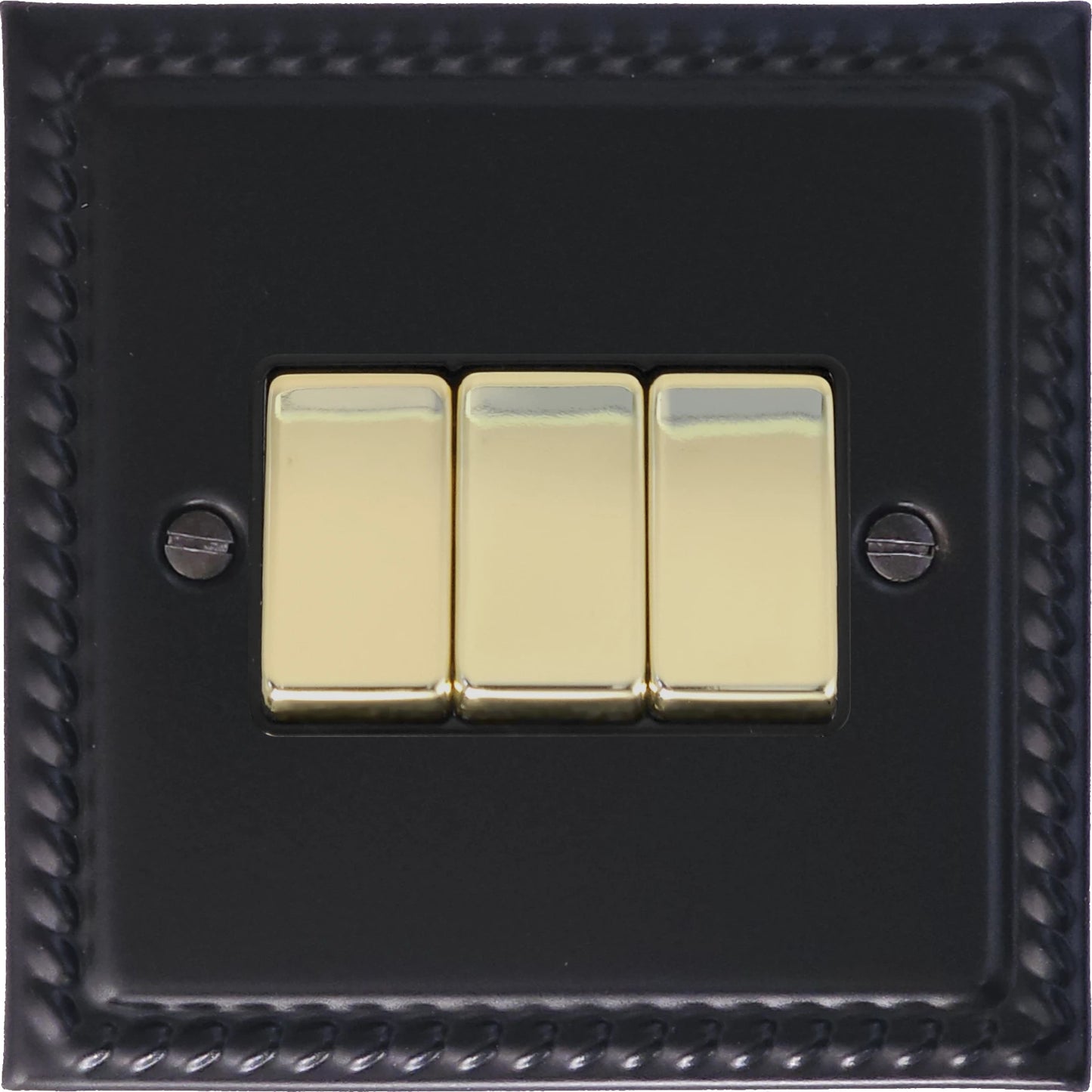 Georgian Flat Black 3 Gang Switch (Brass Switch)