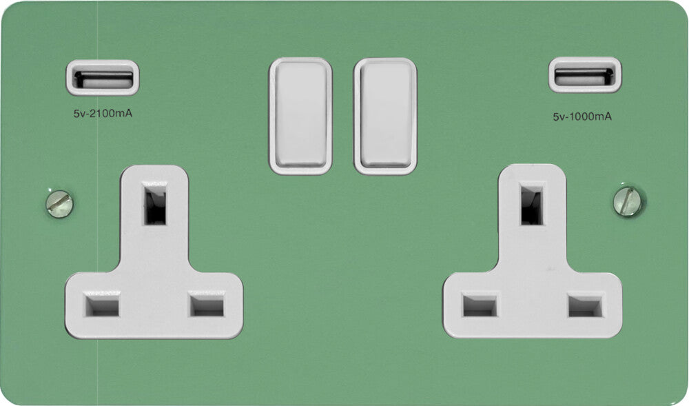 Flat Sage Green 2 Gang Socket with USB (White Switches)