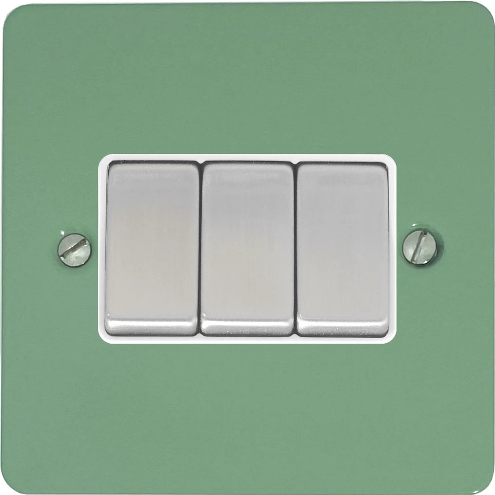 Flat Sage Green 3 Gang Switch (Satin Chrome Switches/White Inserts)