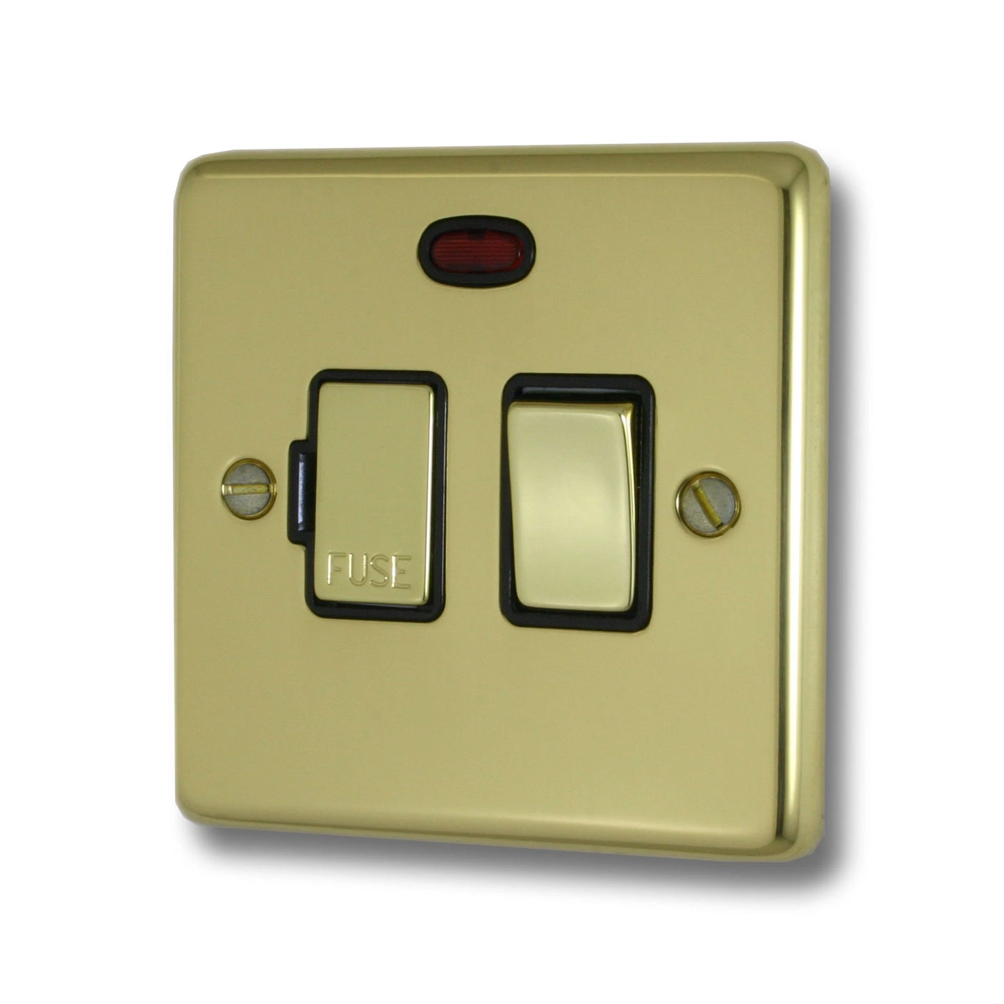 Contour Polished Brass Switched Fuse Spur with Neon (Black Insert/ Brass Switch)