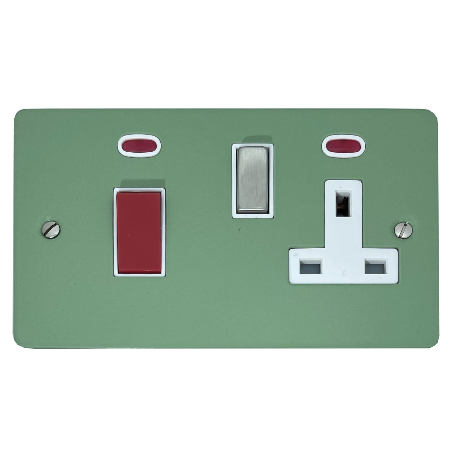 Flat Sage Green 45A Cooker Switch + Socket (Satin Chrome Switch/White Inserts)