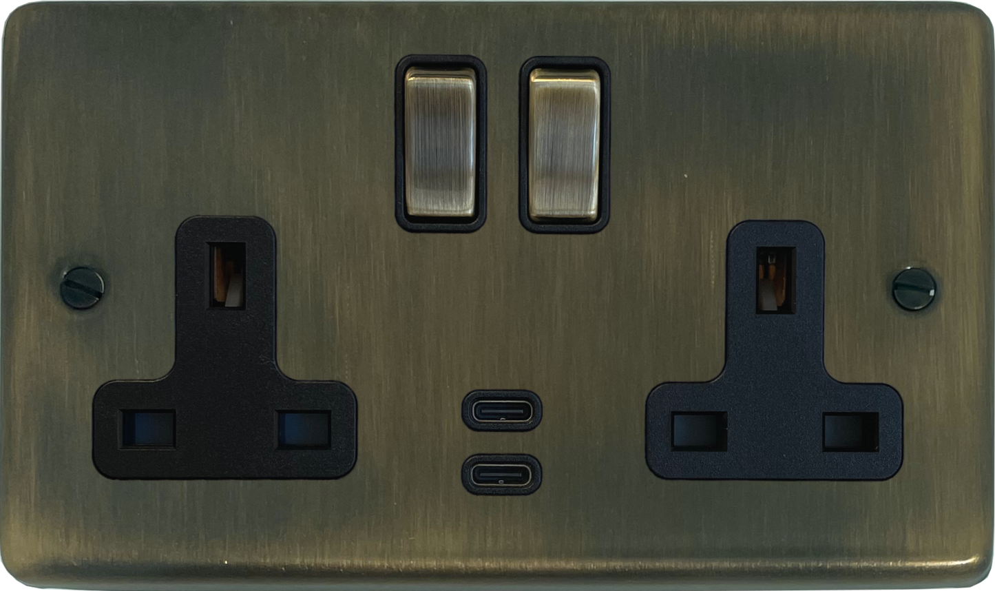 Contour Antique Brass 2 Gang Socket with USBC (Brass Switches)