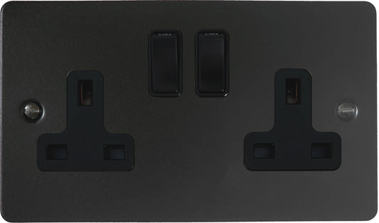 Flat Black 2 Gang Socket (Black Switches)