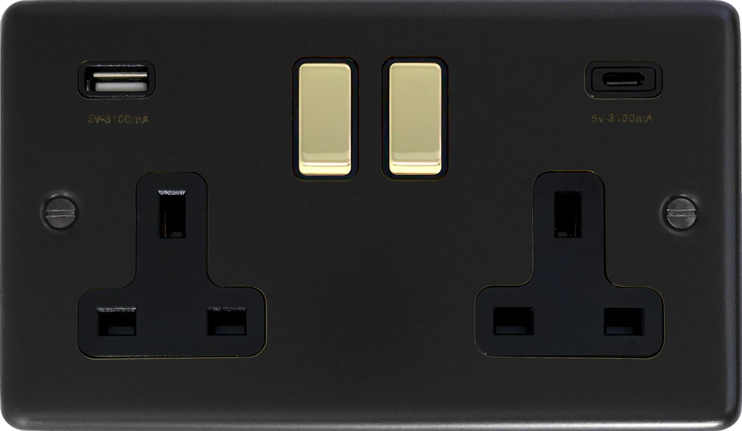 Contour Flat Black 2 Gang USBC Socket (Brass Switches)
