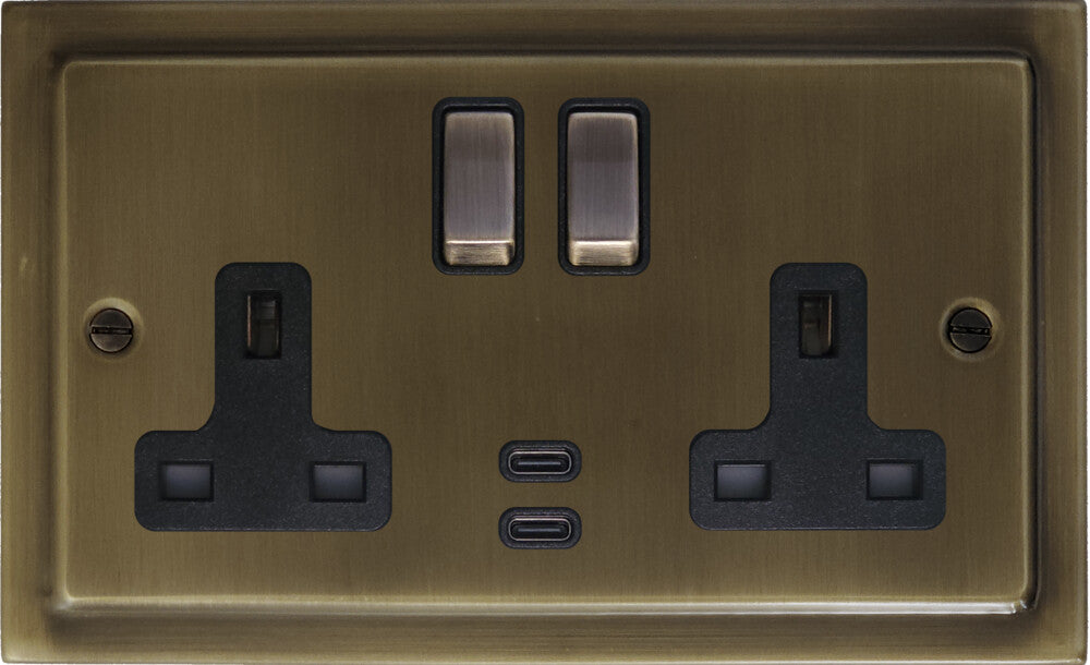 Victorian Antique Brass 2 Gang USBC Socket (Brass Switches)