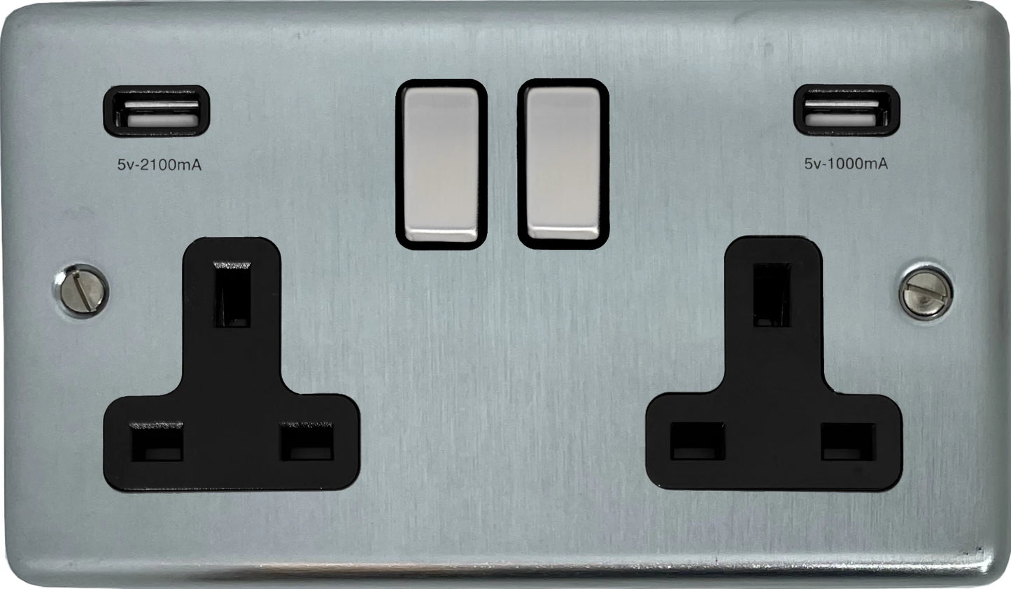Contour Satin Chrome 2 Gang Socket C/W Usb Ports