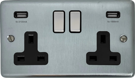 Contour Satin Chrome 2 Gang Socket C/W Usb Ports