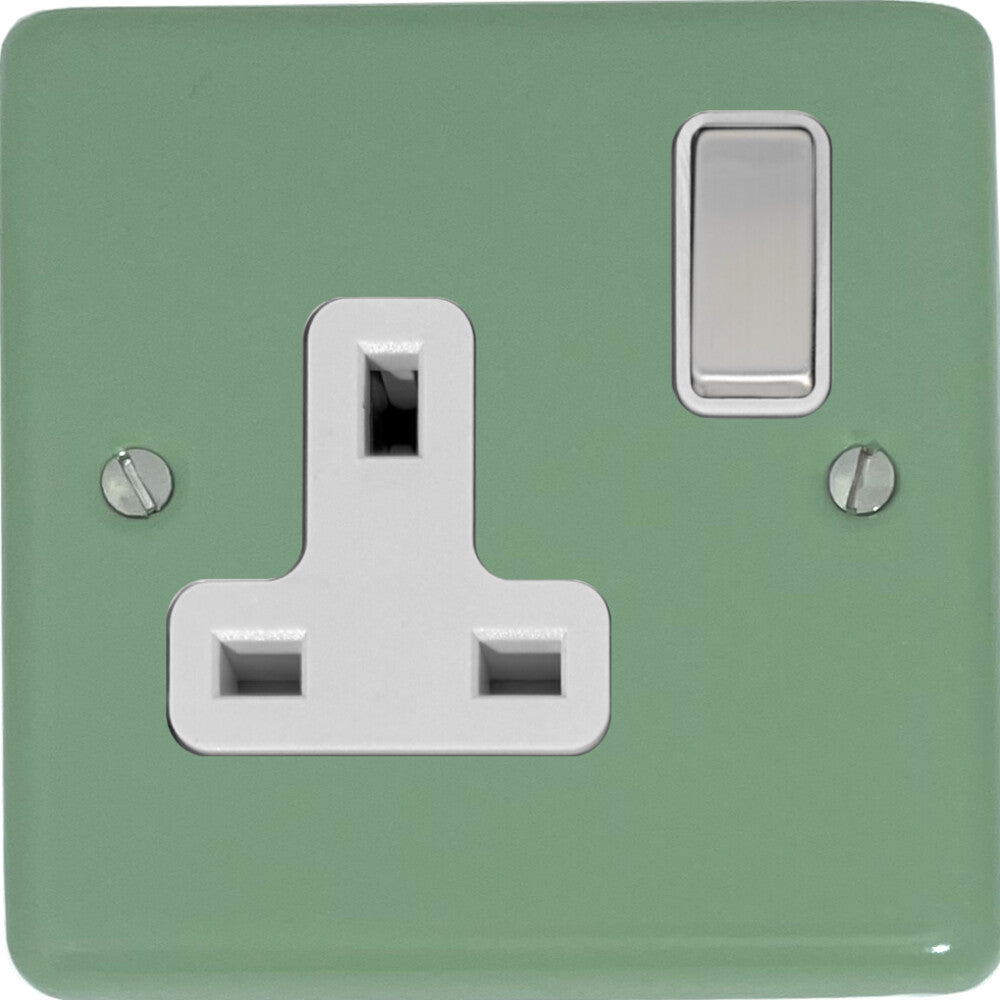 Classic Sage Green 1 Gang Switched Socket (Satin Chrome Switch/White Insert)
