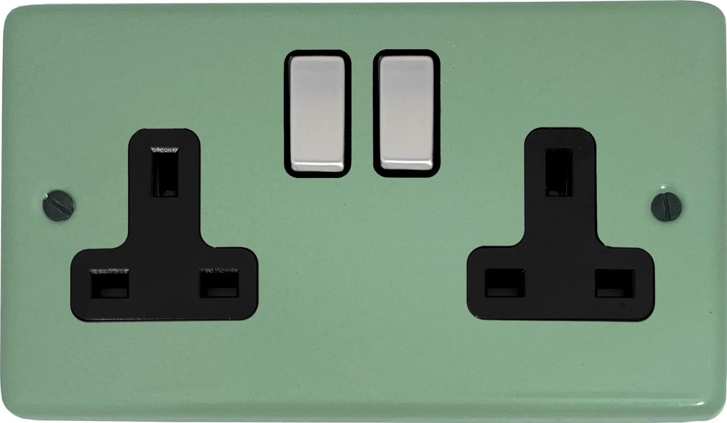 Classic Sage Green 2 Gang Socket (Satin Chrome Switch/Black Insert)