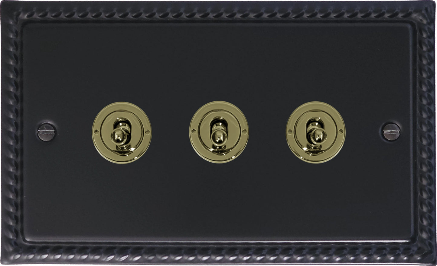 Georgian Flat Black 3 Gang Toggle Switch (Brass Toggles)
