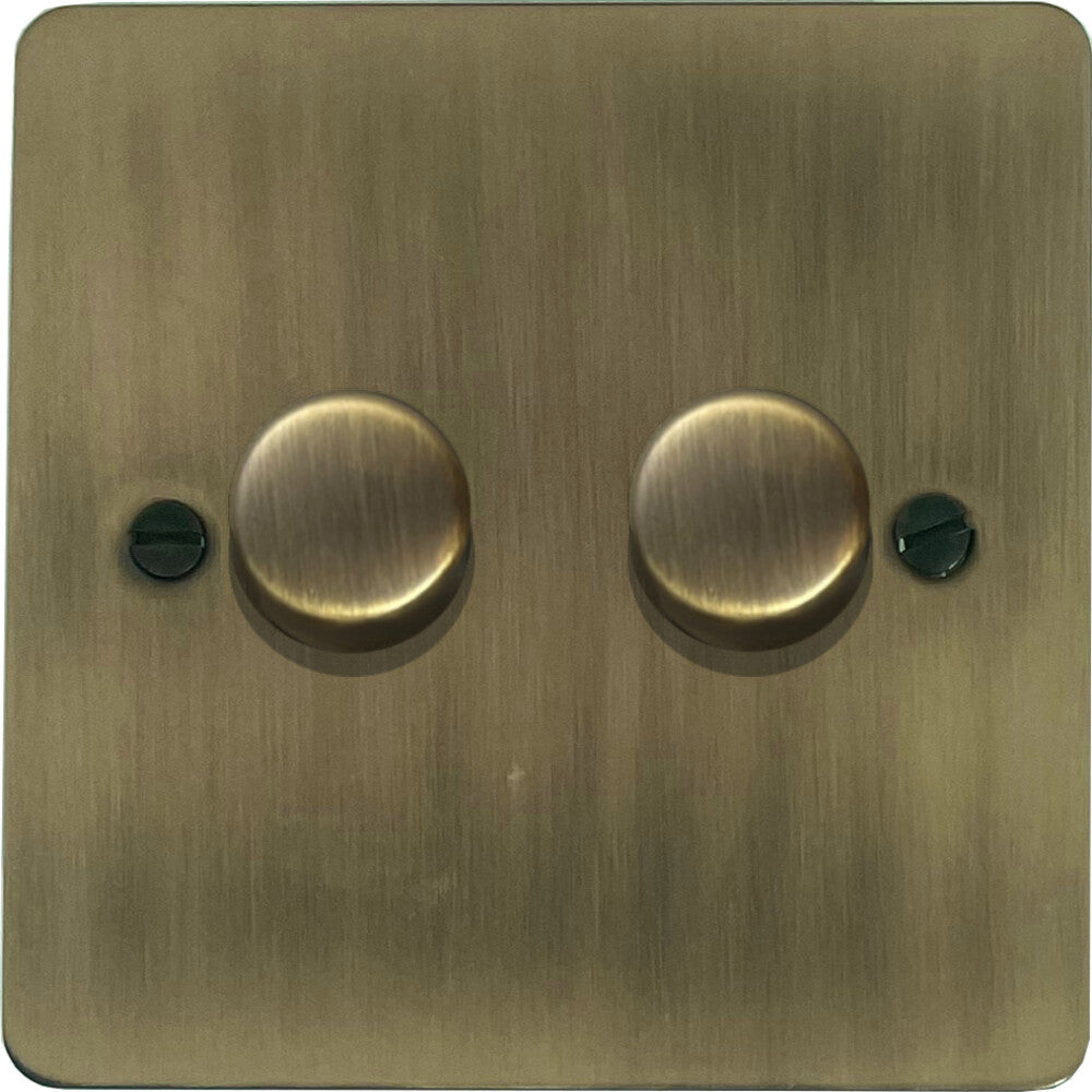 Flat Light Antique Brass 2 Gang 120W LED Dimmer