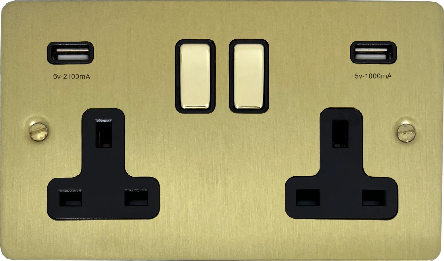 Flat Satin Brass 2 Gang Socket C/W Usb Ports