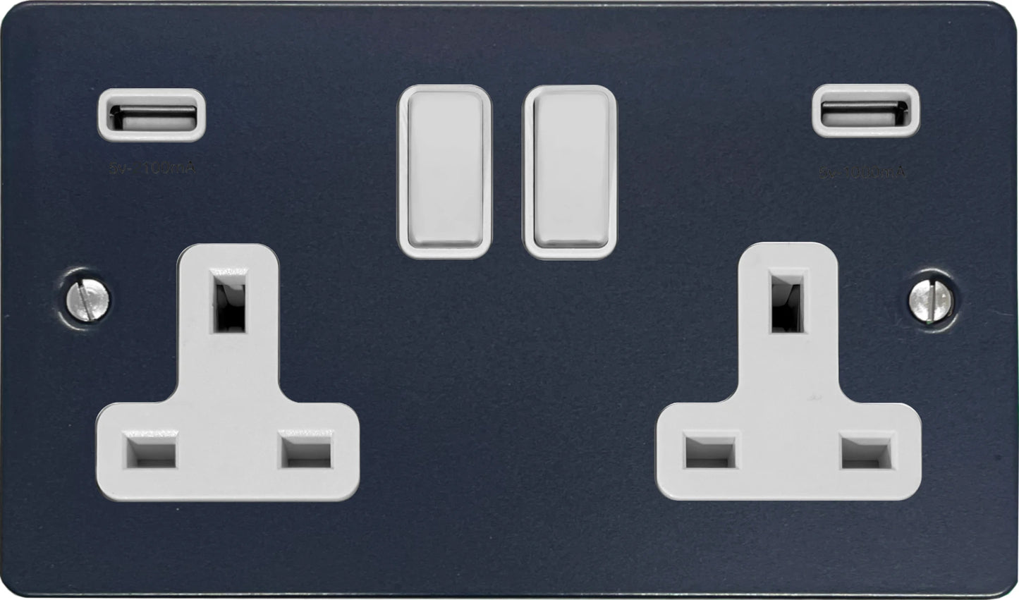 Flat Blue 2 Gang Socket with USB (White Switches)