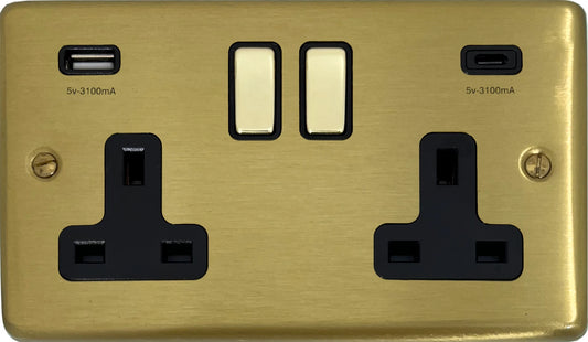 Contour Satin Brass 2 Gang Socket C/W USBC Ports