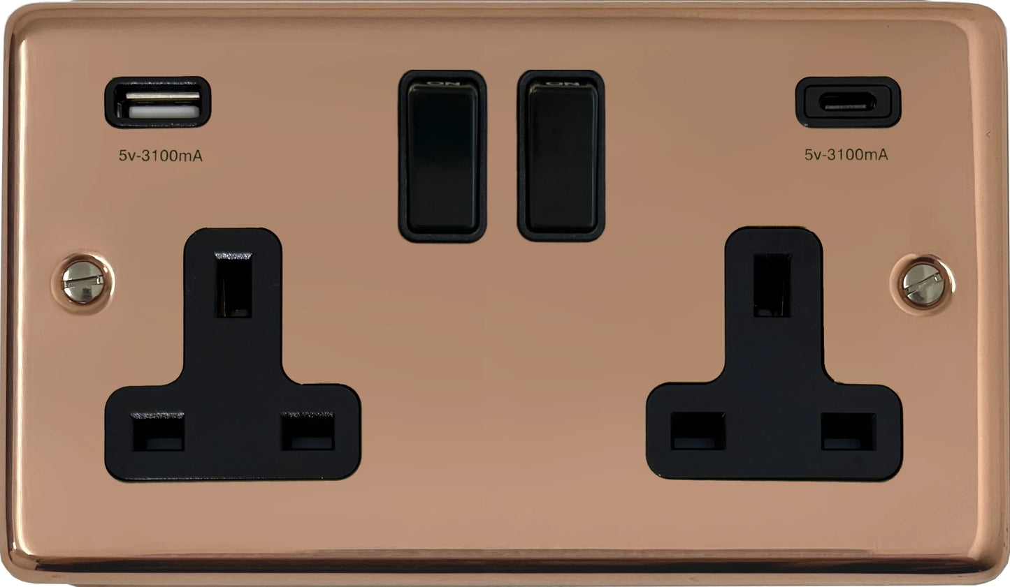 Contour Bright Copper 2 Gang Socket with USBC