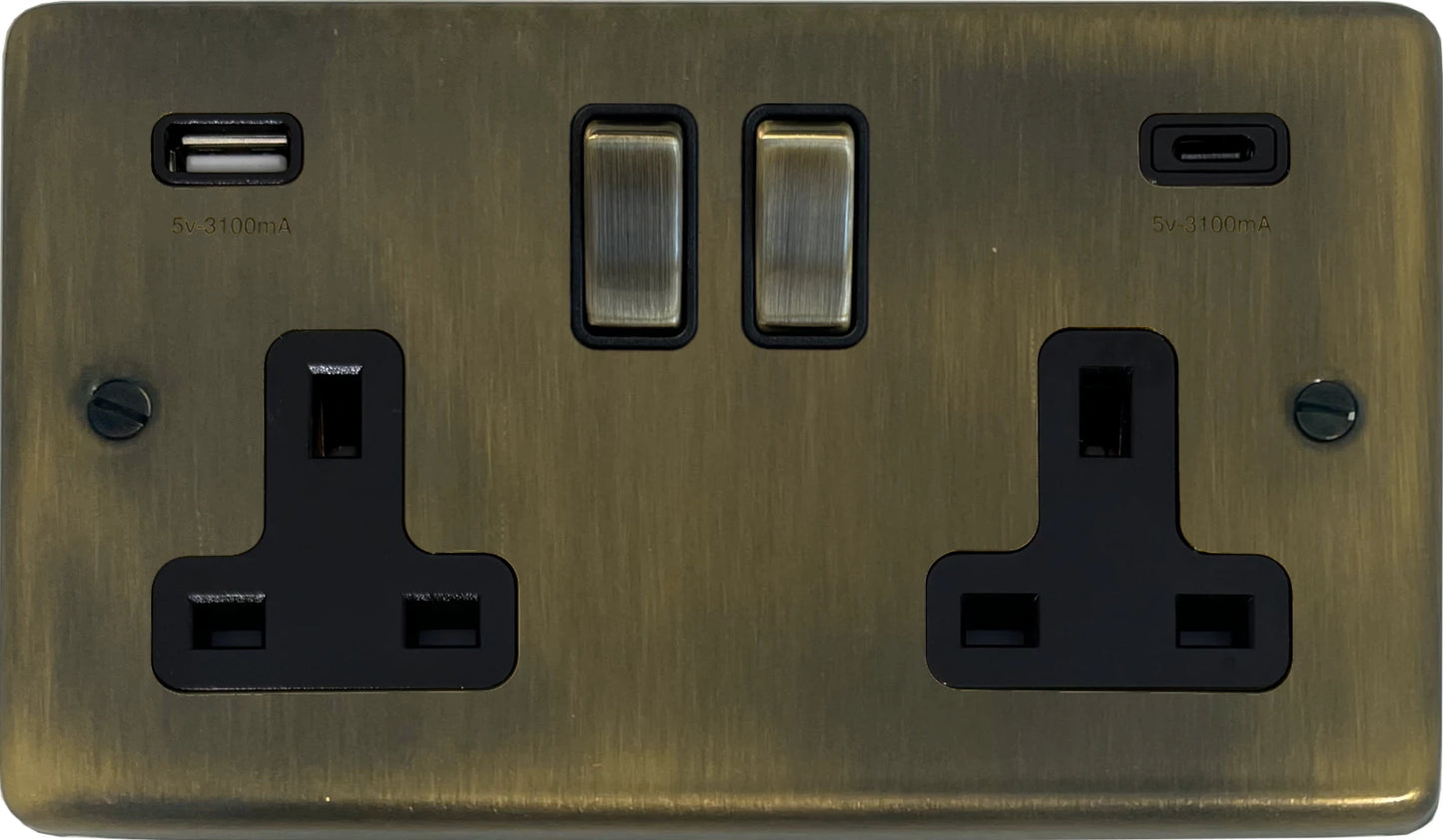 Contour Antique Brass 2 Gang Socket with USBC (Brass Switches)