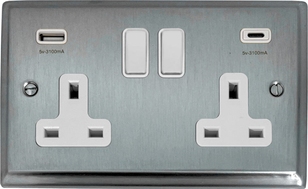 Deco Satin Chrome 2 Gang Socket C/W USBC Ports