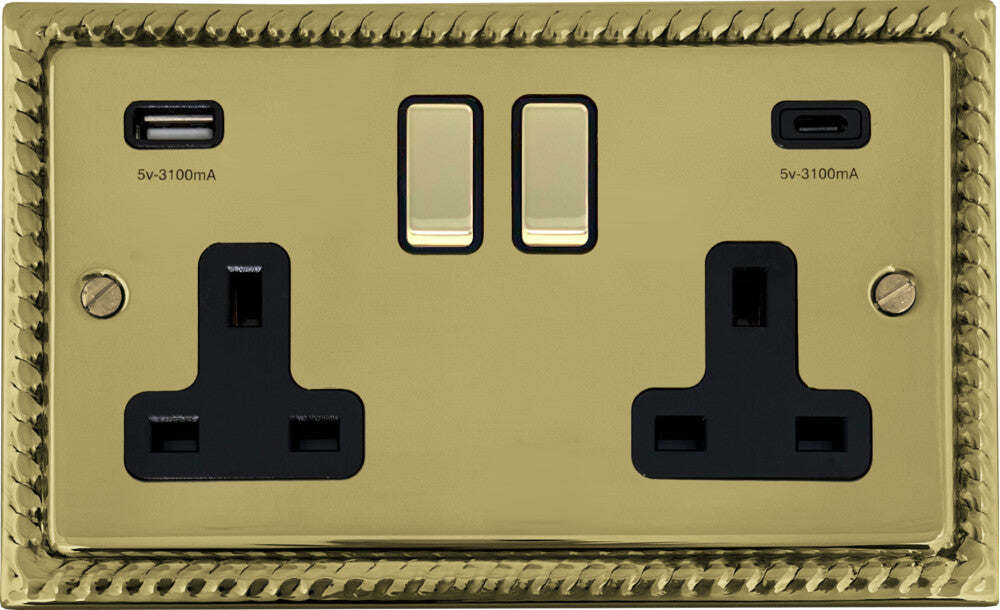 Georgian Polished Brass 2 Gang Socket C/W USBC Ports