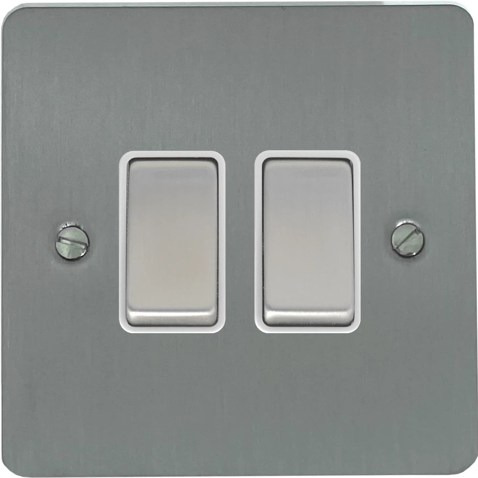 Flat Brushed Steel 2 Gang Switch (White Insert/ Chrome Switch)