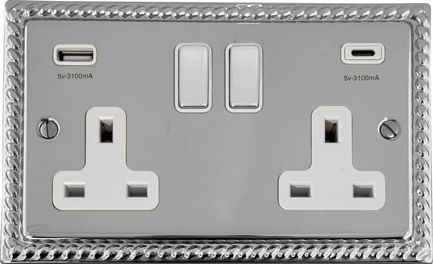Georgian Polished Chrome 2 Gang Socket C/W USBC Ports