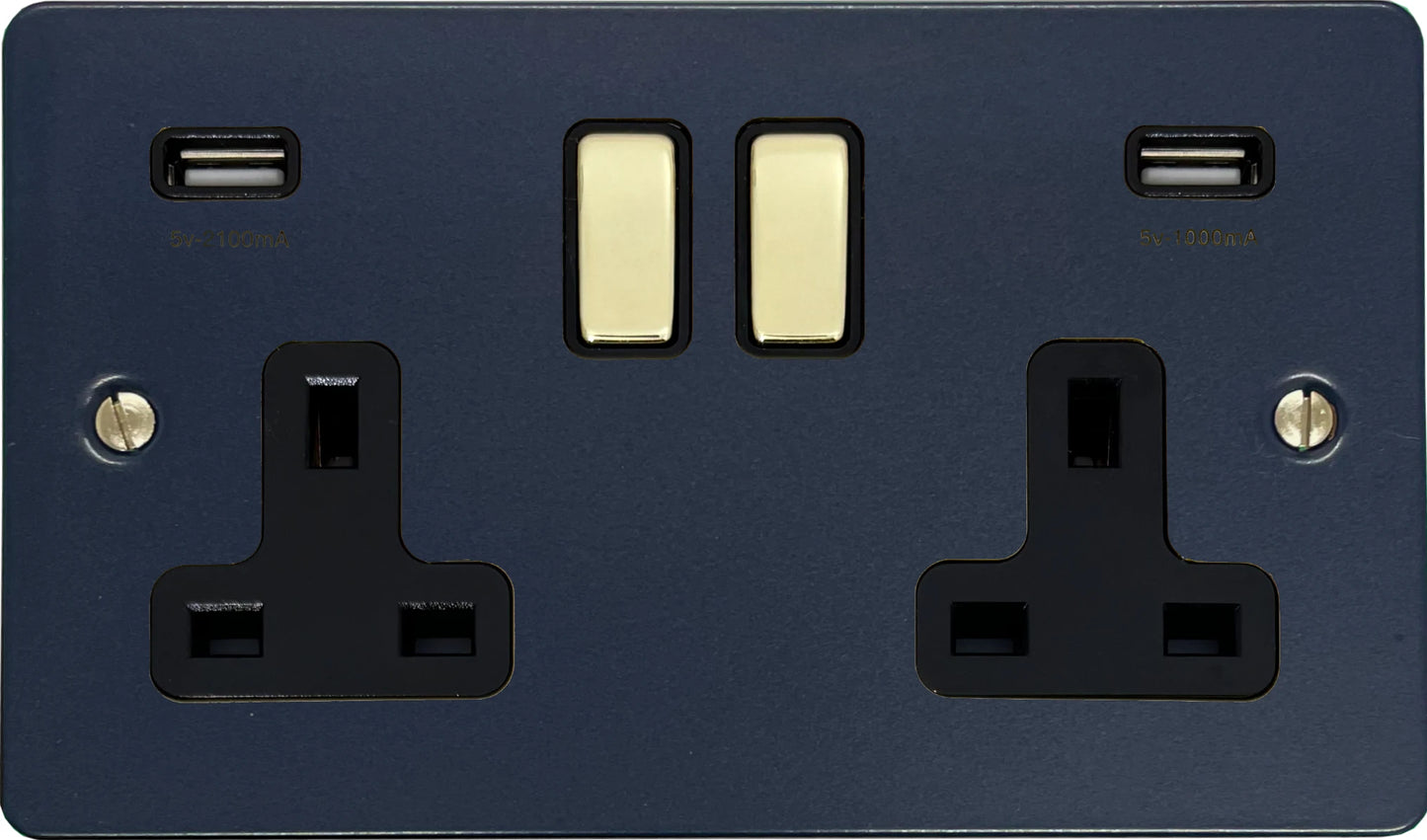 Flat Blue 2 Gang Socket with USB (Polished Brass Switches/Black Inserts)
