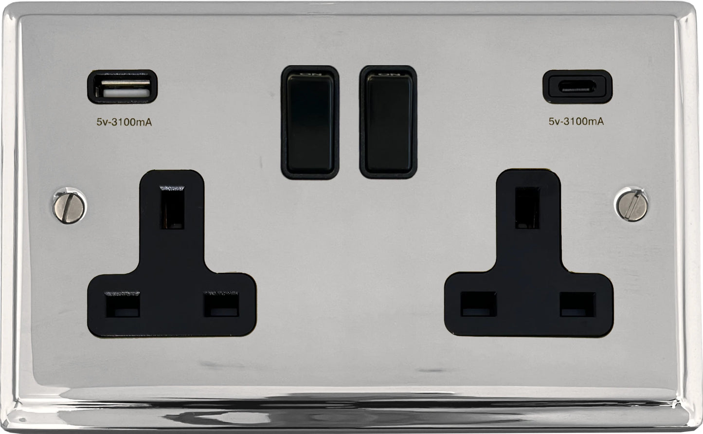 Deco Polished Chrome 2 Gang Socket with USBC