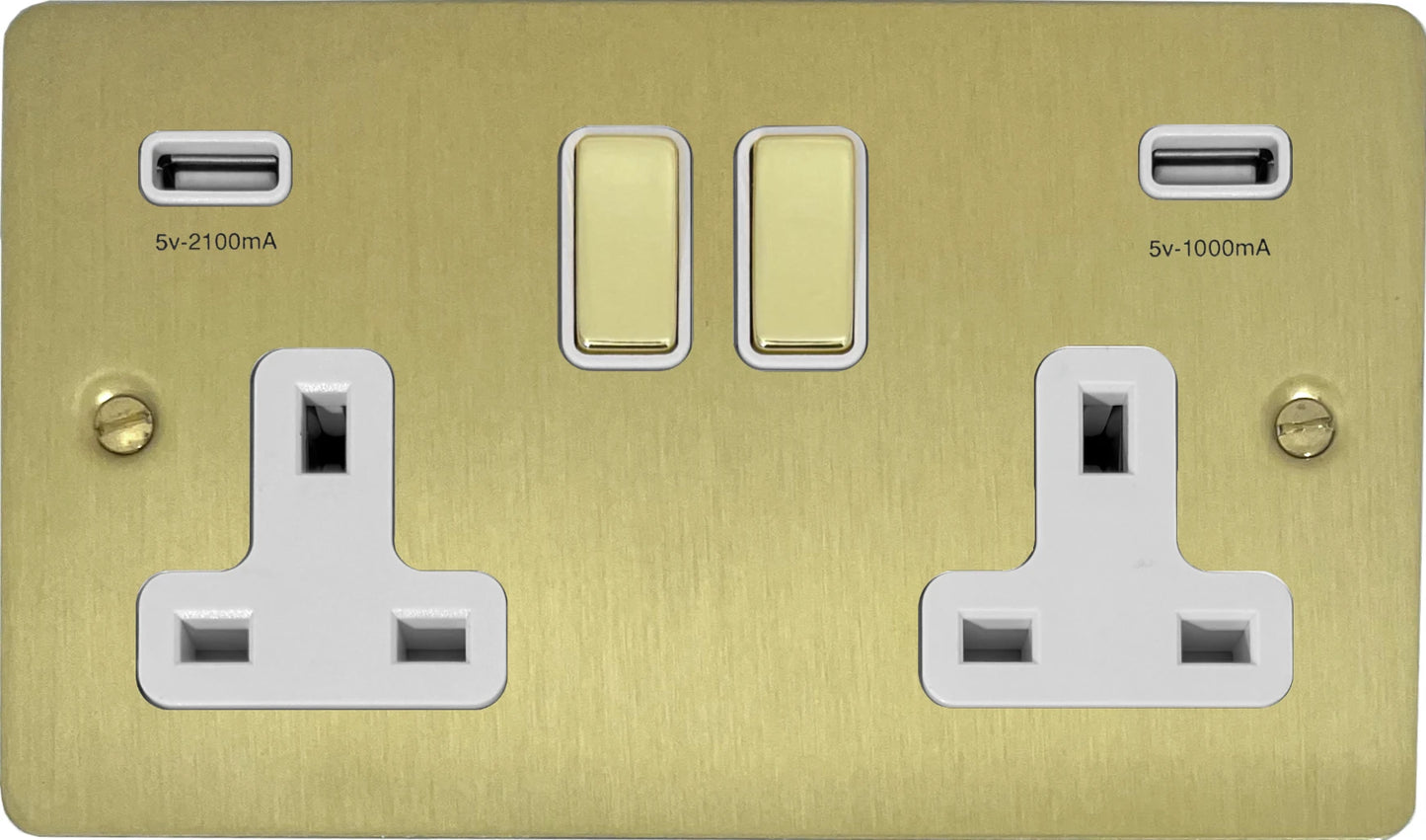 Flat Satin Brass 2 Gang Socket C/W Usb Ports