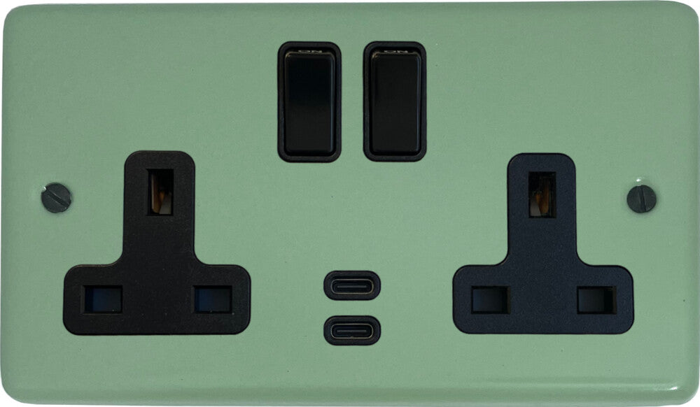 Classic Sage Green 2 Gang Socket with USBC (Black Switches)