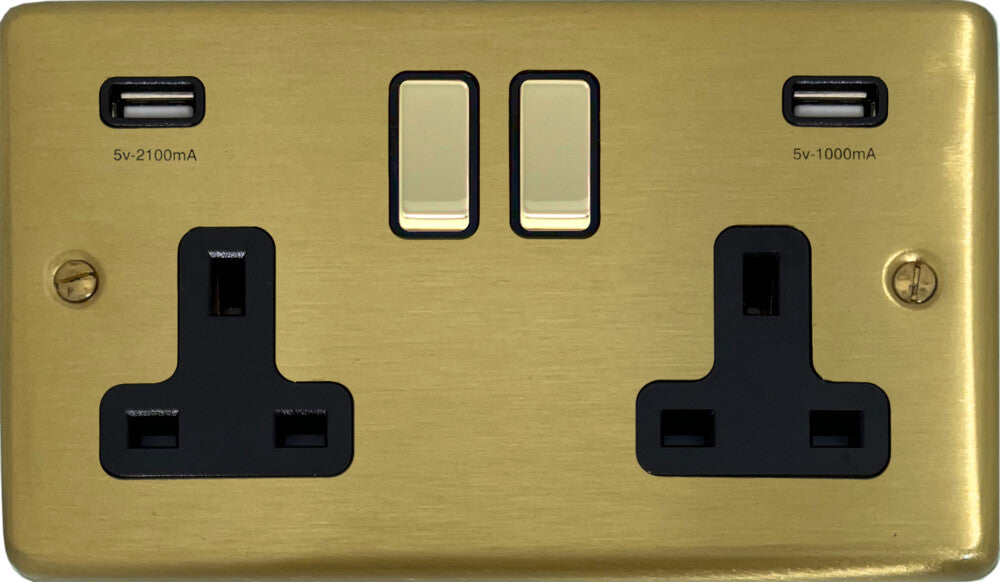 Contour Satin Brass 2 Gang Socket C/W Usb Ports