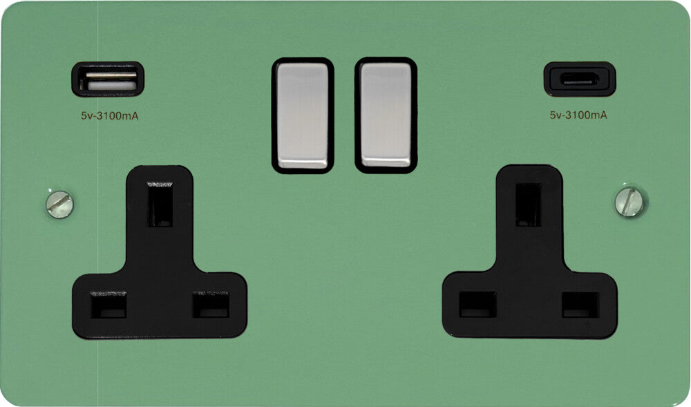 Flat Sage Green 2 Gang Socket with USBC (Satin Chrome Switch/Black Insert)