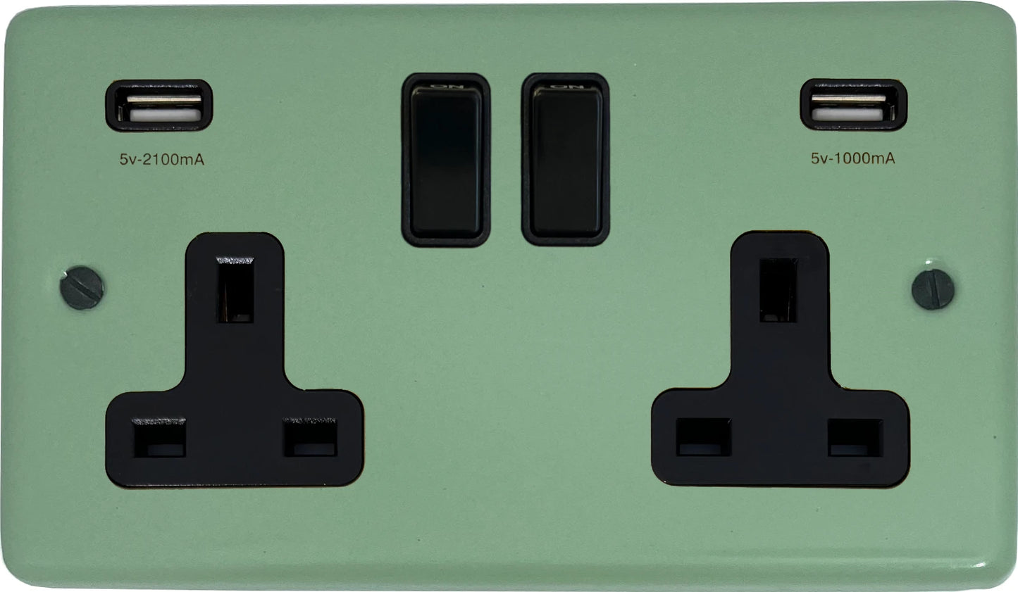 Classic Sage Green 2 Gang Socket with USB (Black Switches)