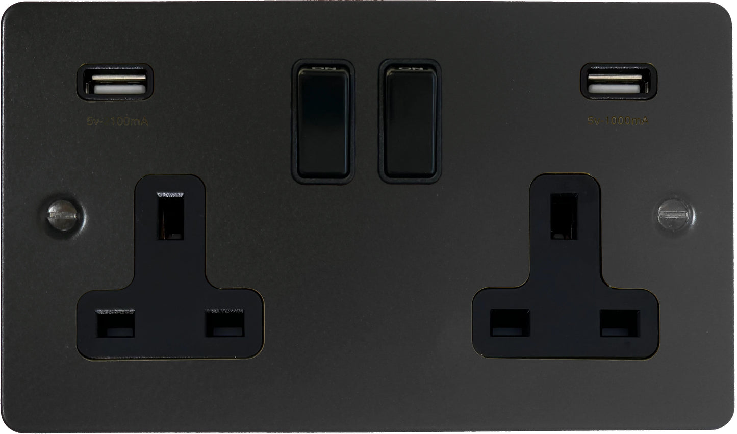 Flat Black 2 Gang Socket with USB (Black Switches)