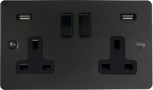 Flat Black 2 Gang Socket with USB (Black Switches)