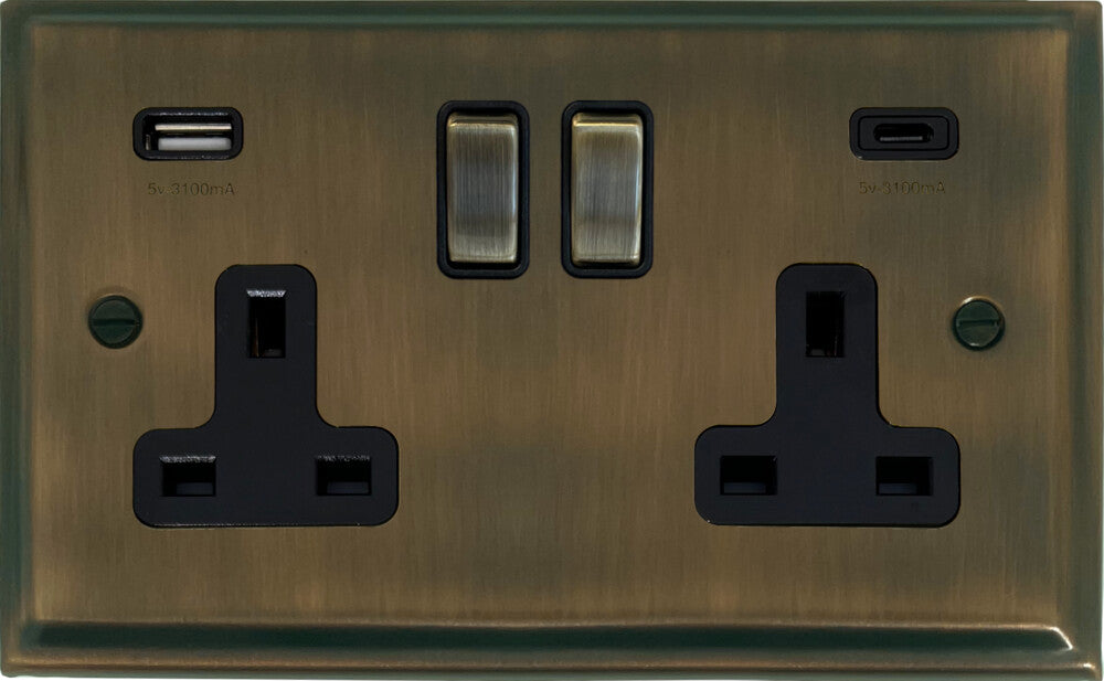 Deco Antique Brass 2 Gang USBC Socket (Brass Switches)