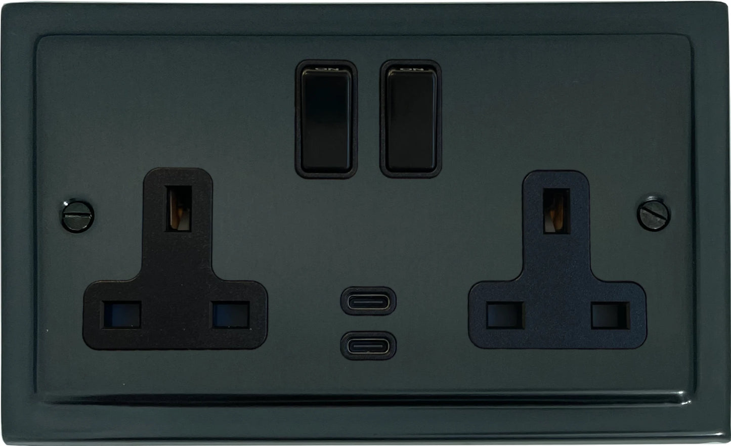 Victorian Black Bronze 2 Gang Socket with USBC