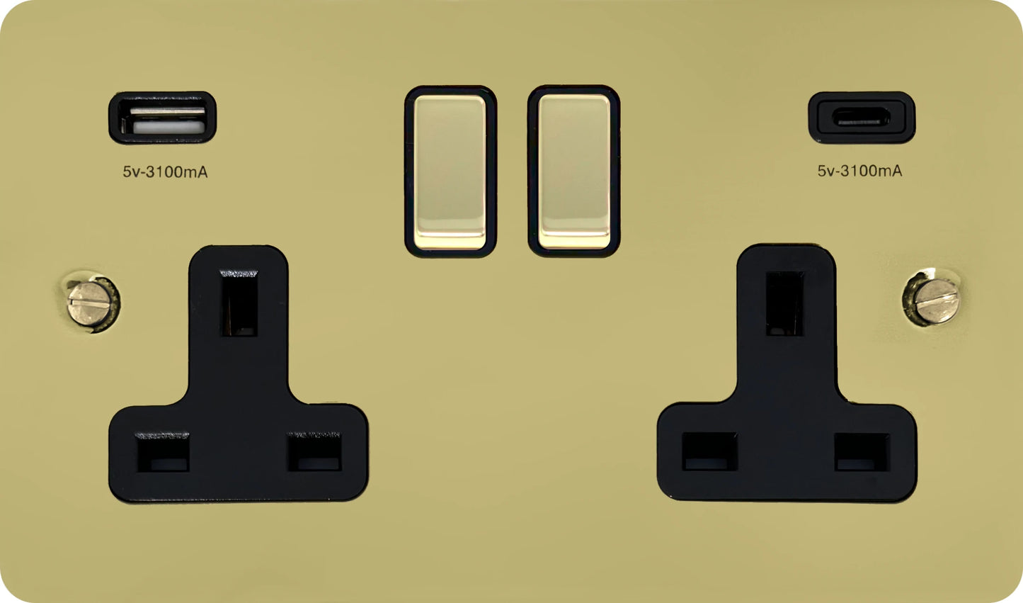 Flat Polished Brass 2 Gang Socket C/W USBC Ports