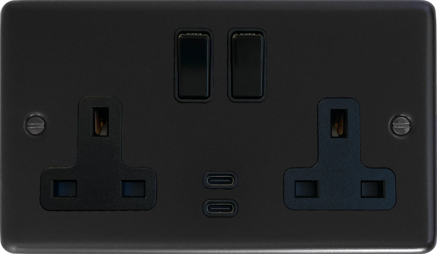 Contour Flat Black 2 Gang Socket with USBC (Black Switches)