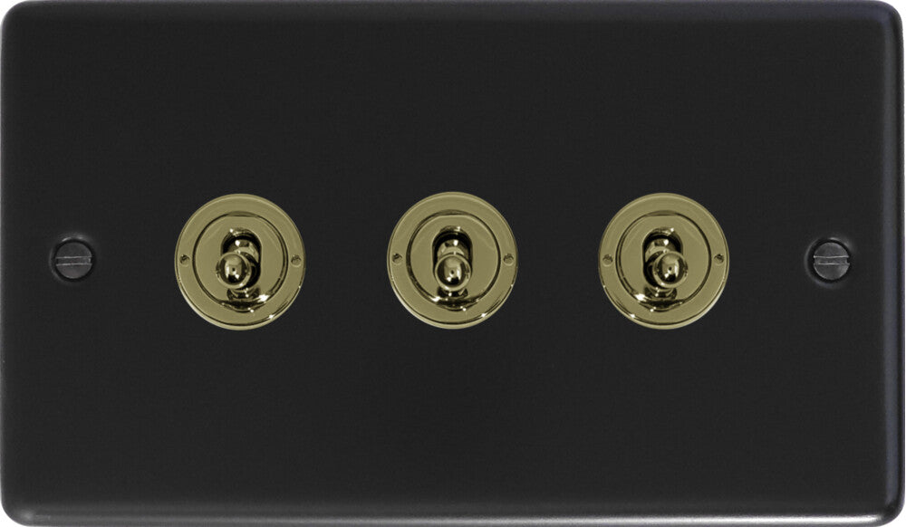 Contour Flat Black 3 Gang Toggle Switch (Brass Toggles)