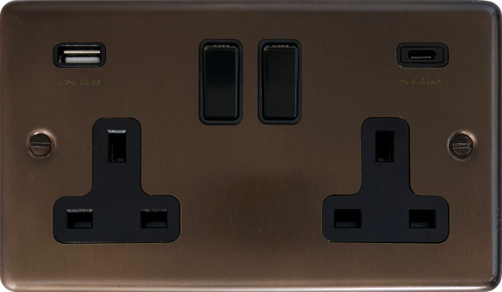 Contour Medium Bronze 2 Gang Socket with USBC