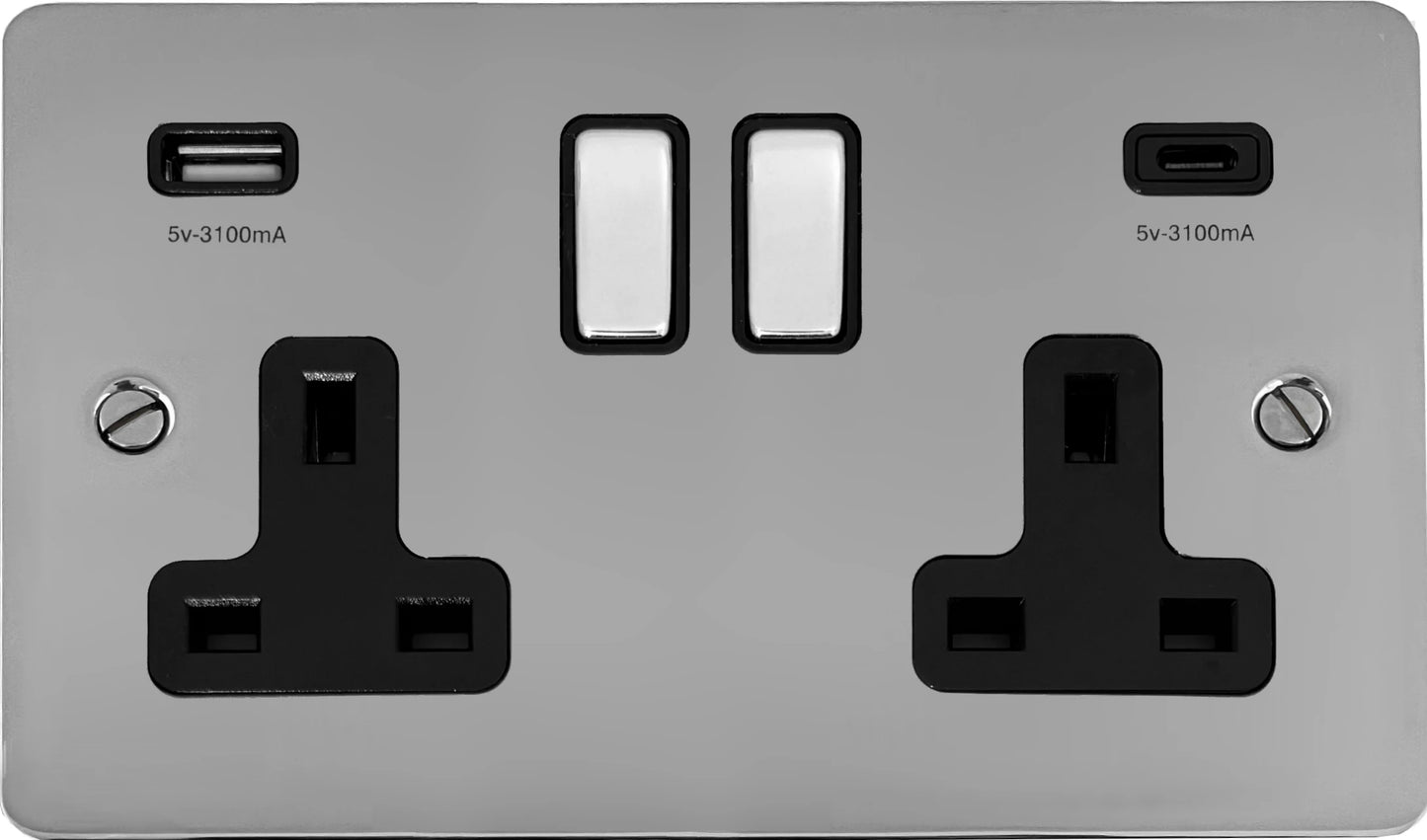 Flat Polished Chrome 2 Gang Socket C/W USBC Ports