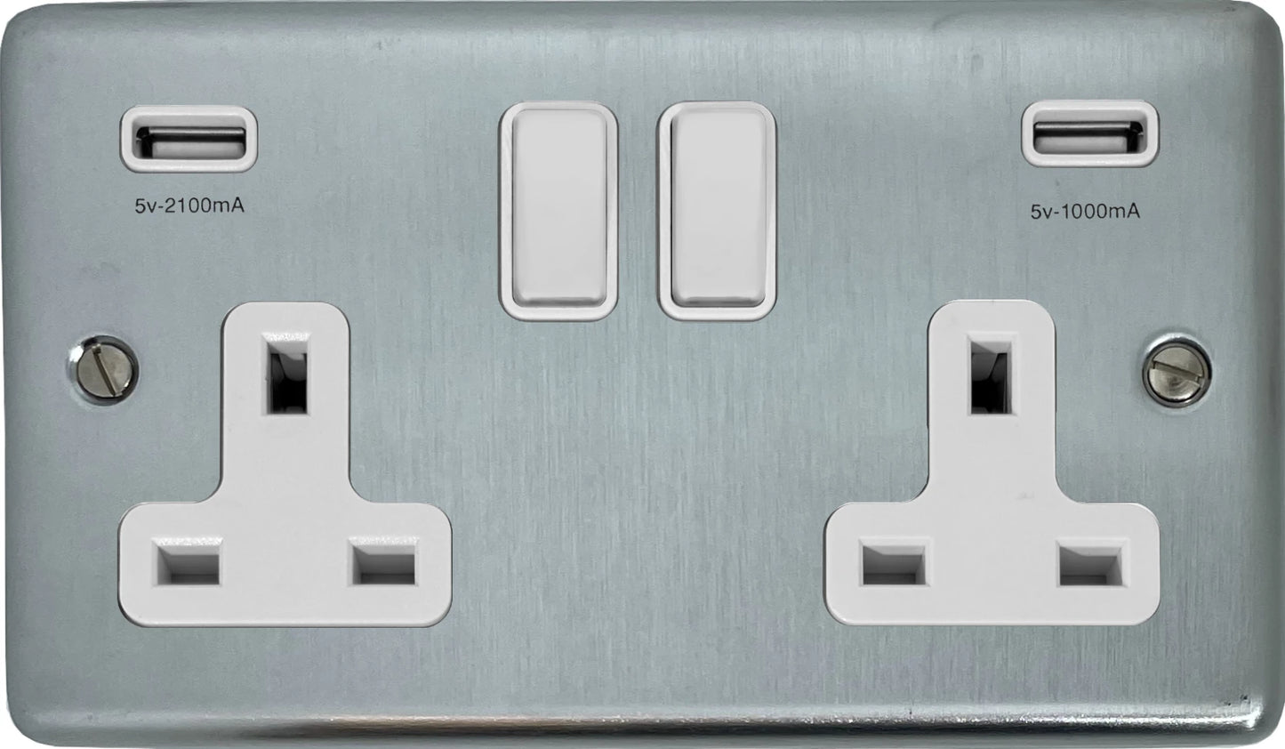 Contour Satin Chrome 2 Gang Socket C/W Usb Ports
