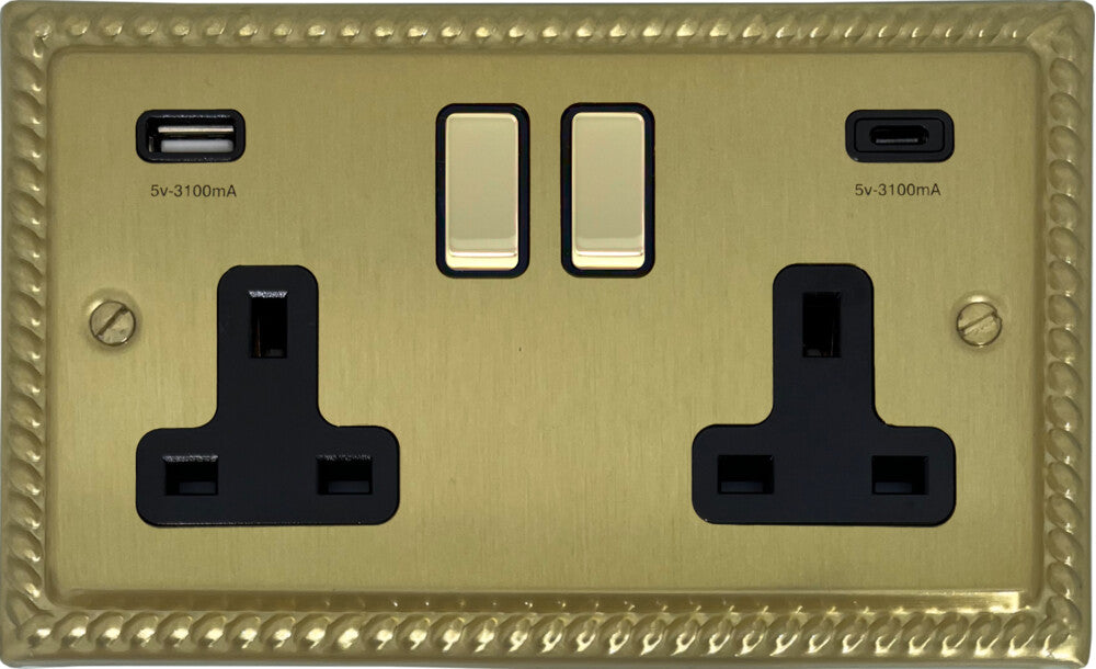 Georgian Satin Brass 2 Gang Socket C/W USBC Ports