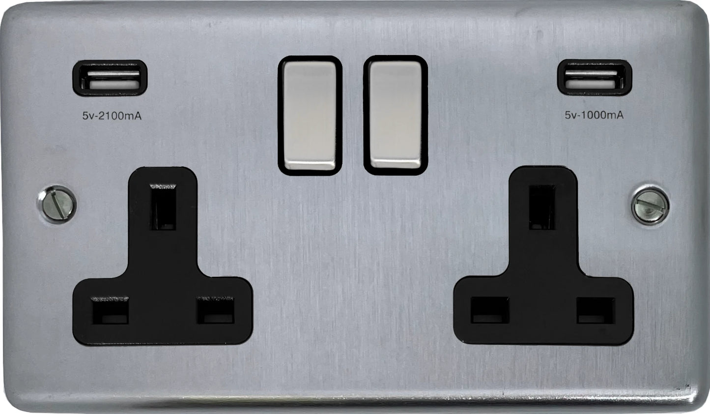 Contour Satin Chrome 2 Gang Socket C/W Usb Ports