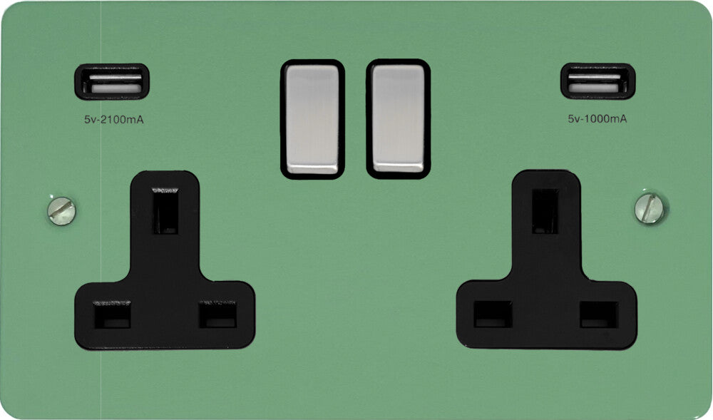 Flat Sage Green 2 Gang Socket with USB (Satin Chrome Switch/Black Insert)