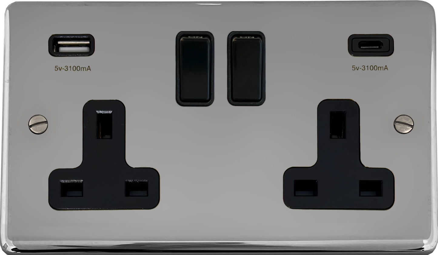 Contour Polished Chrome 2 Gang Socket with USBC
