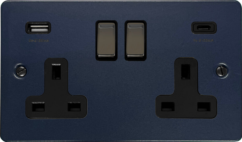 Flat Blue 2 Gang Socket with USBC (Black Nickel Switch/Black Insert)